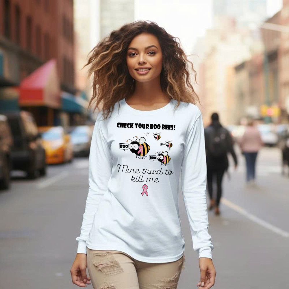 Check Your Boo Bees Long Sleeve Shirt Breast Cancer Ribbon Funny Bee Shirts Gift For Patients